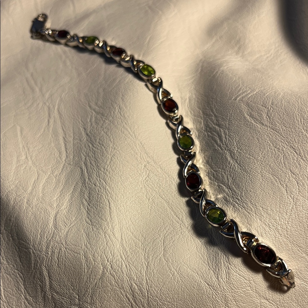 Sterling Silver Bracelet w/ X Link Chain & Semiprecious Oval Garnets & Peridots - Picture 7 of 10
